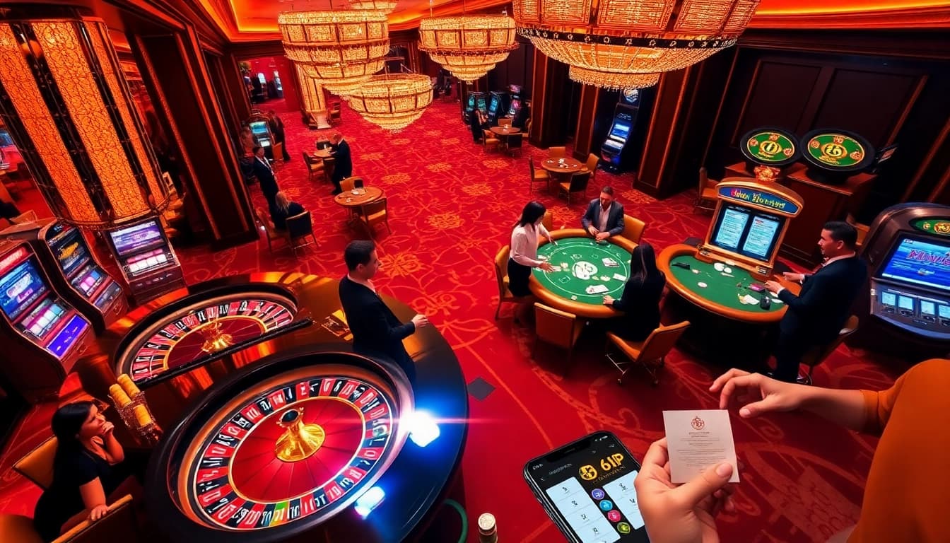 Gamblers enjoying action at the luxurious casino floor of 68VIP, showcasing roulette and poker excitement.