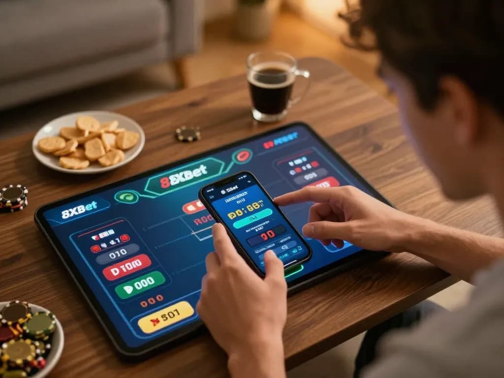 Engaged player using the 8xbet app to place bets while enjoying snacks at home.