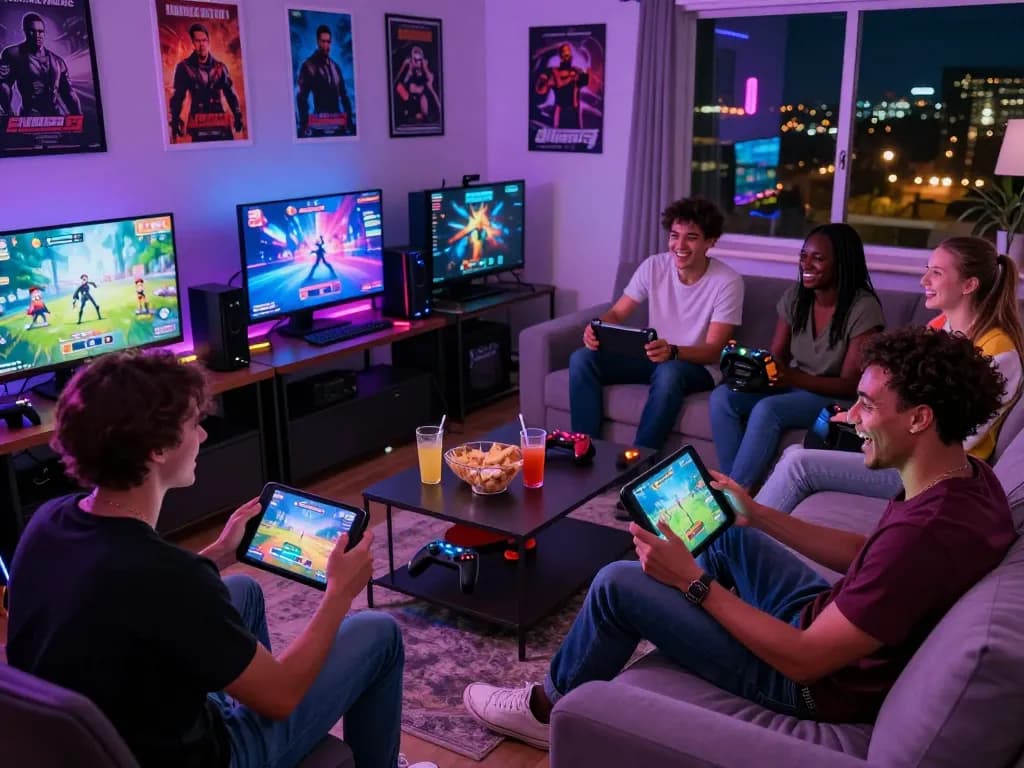 Diverse group playing engaging adult games in a vibrant gaming room.