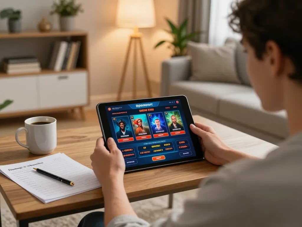 Person enjoying online gaming on mposport tablet in cozy home atmosphere.