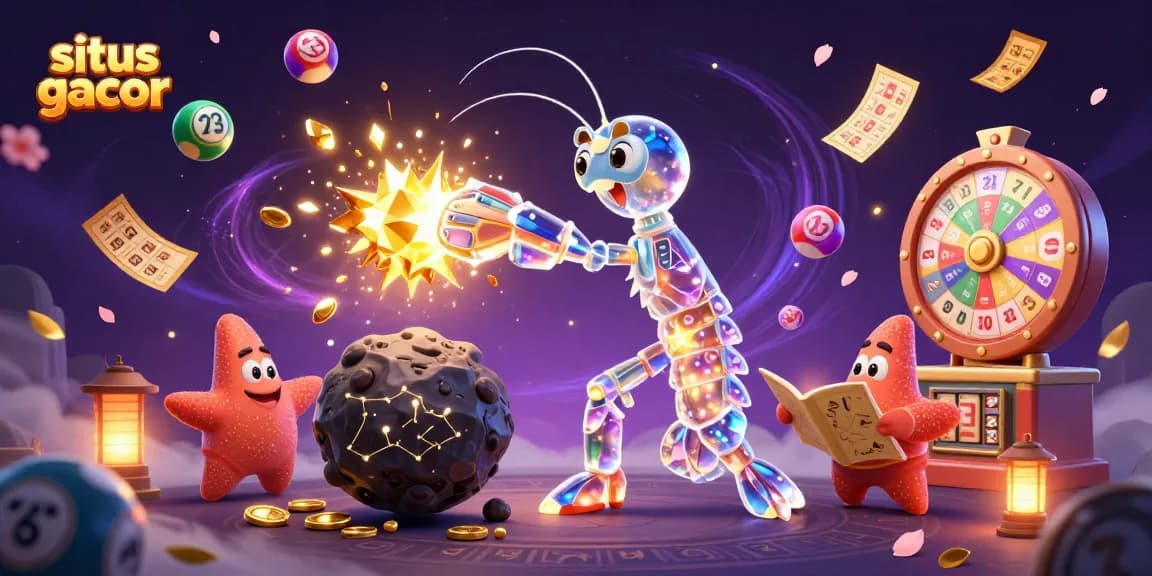 Situs gacor showcases a vibrant 3D scene featuring a galactic mantis shrimp and starfish amid colorful lottery elements, capturing the thrill of gaming.