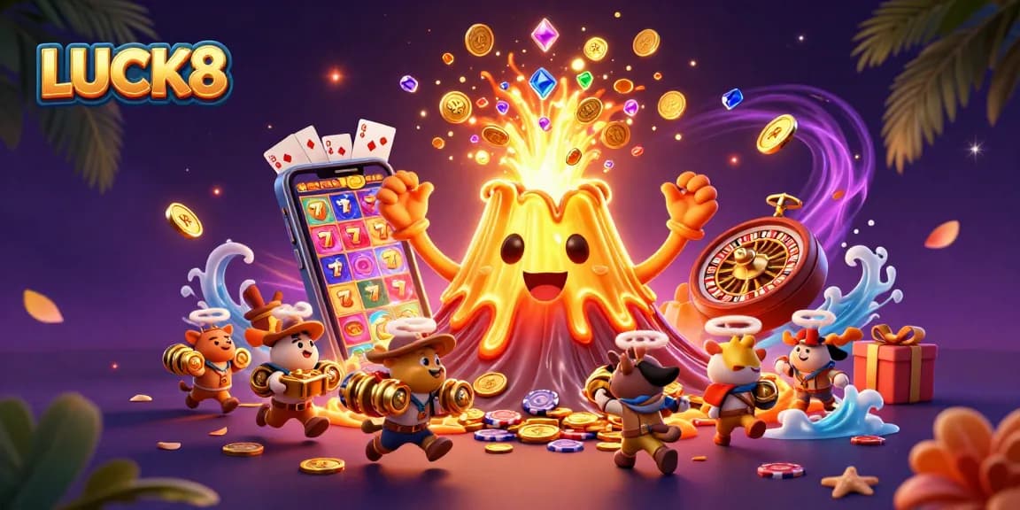 Experience the thrill of winning with LUCK8 as a golden volcano erupts coins in a vibrant casino scene.