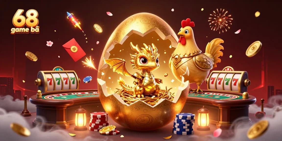 Experience the thrills of 68 game bài with this vibrant illustration showcasing poker chips, golden characters, and casino elements.