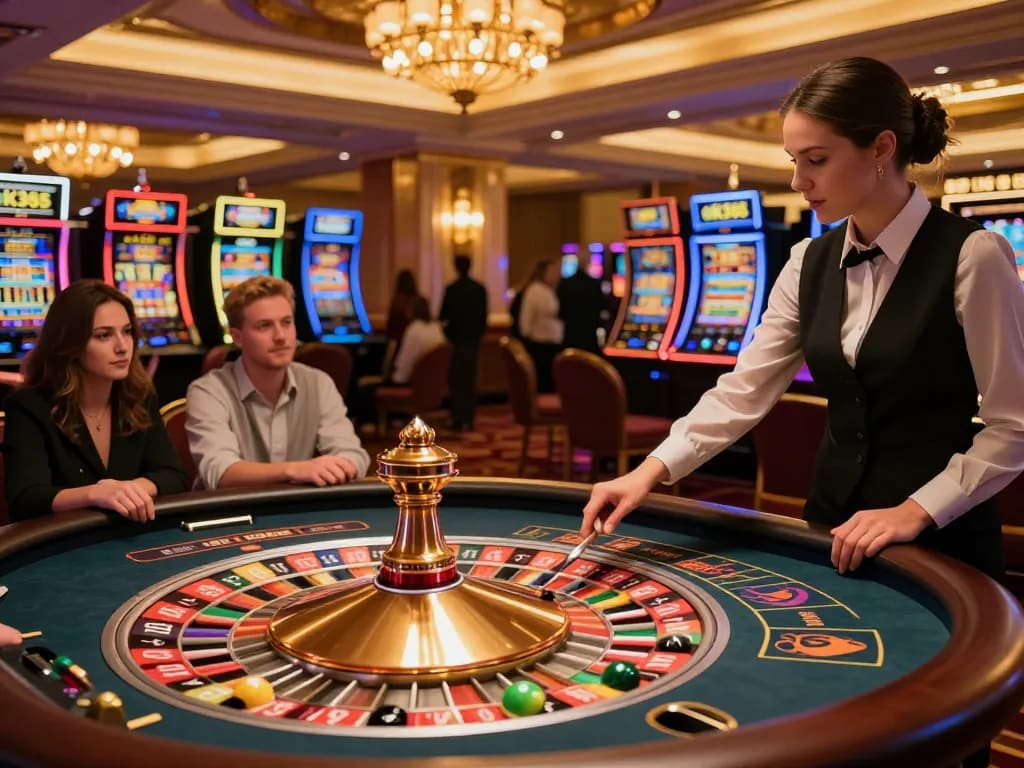 Players engage at a roulette table as the ball spins, showcasing an exciting ok365 gaming environment.