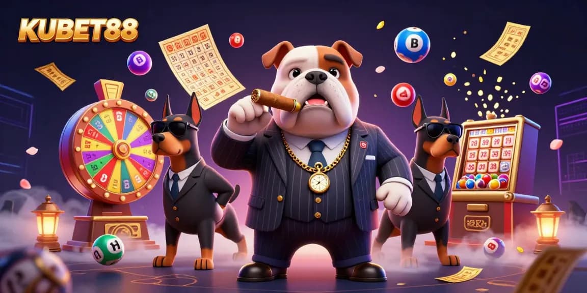 KUBET88 showcases a vibrant casino scene where a mafia boss bulldog oversees a lively lottery game.