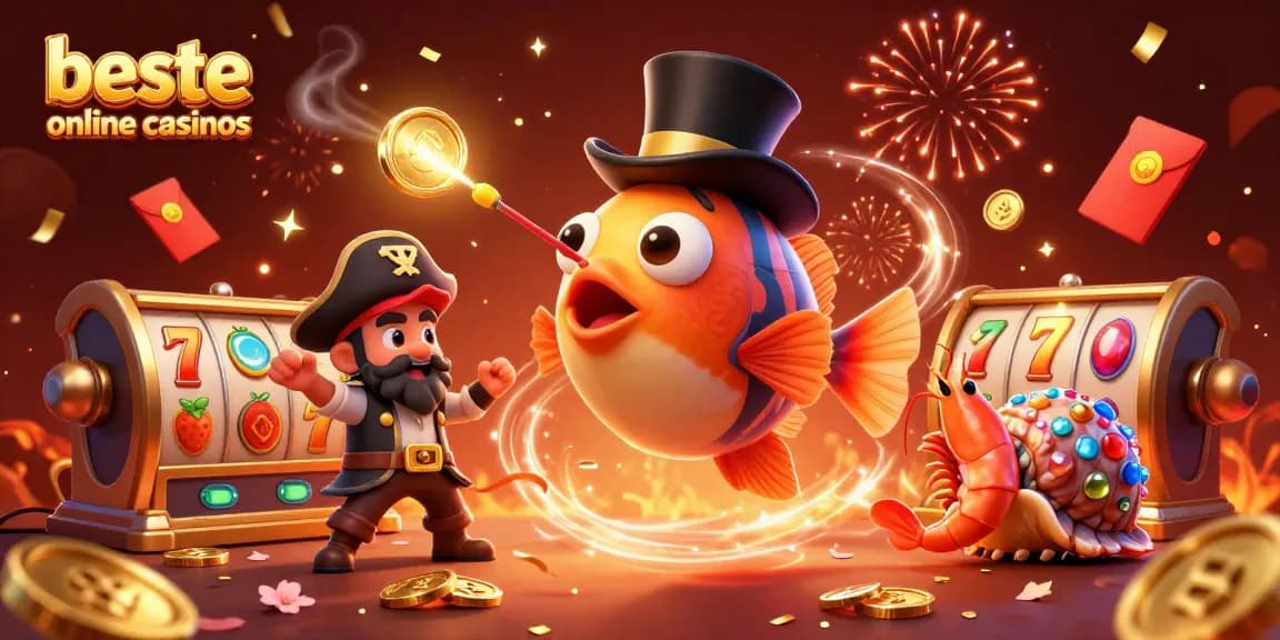 Discover the beste online casinos with a vibrant 3D scene featuring a deep-sea anglerfish, pirate shrimp, and treasure snail.