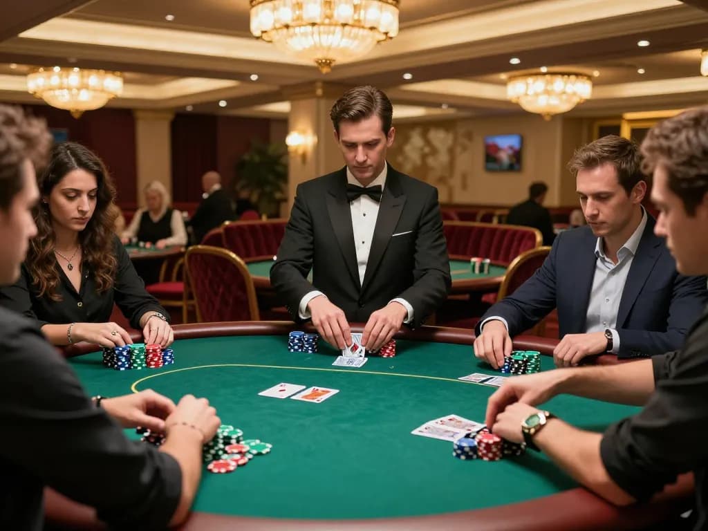 Active poker game at upscale casino featuring strategic 7M gameplay and vibrant chip stacks.