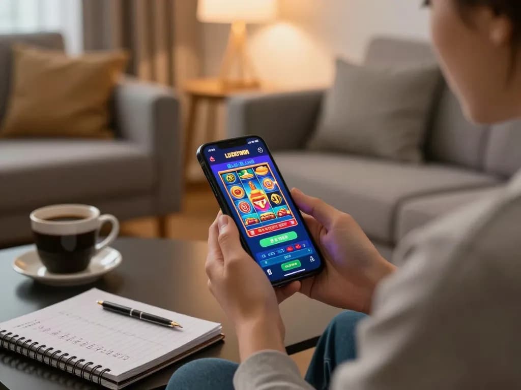 LUCKYWIN mobile app gameplay on smartphone in cozy home setting, engaging online casino experience