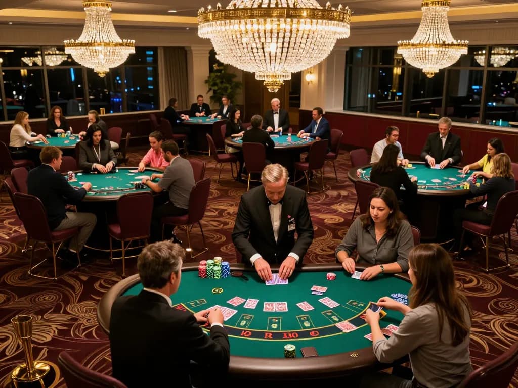 Players enjoying blackjack at a chic casino floor while engaging in strategic gameplay at lsa.