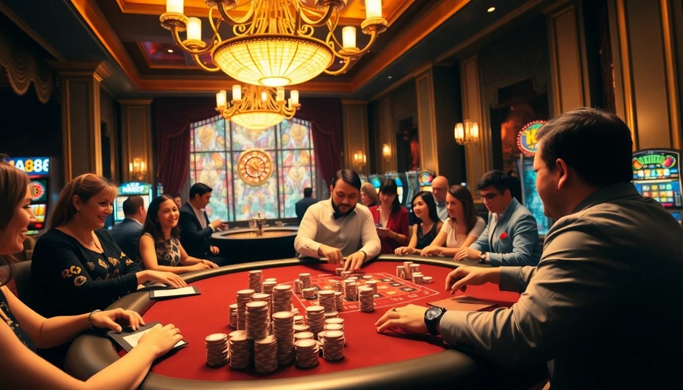 Exciting poker game at HAY88 casino with vibrant atmosphere and professional dealer.