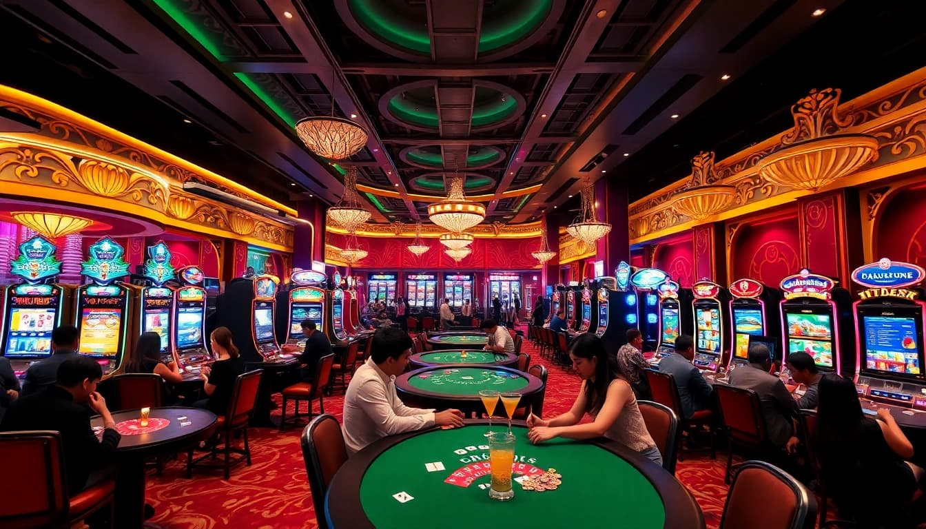 Players enjoying the vibrant atmosphere of a singapore online casino with lively games and bright lights.
