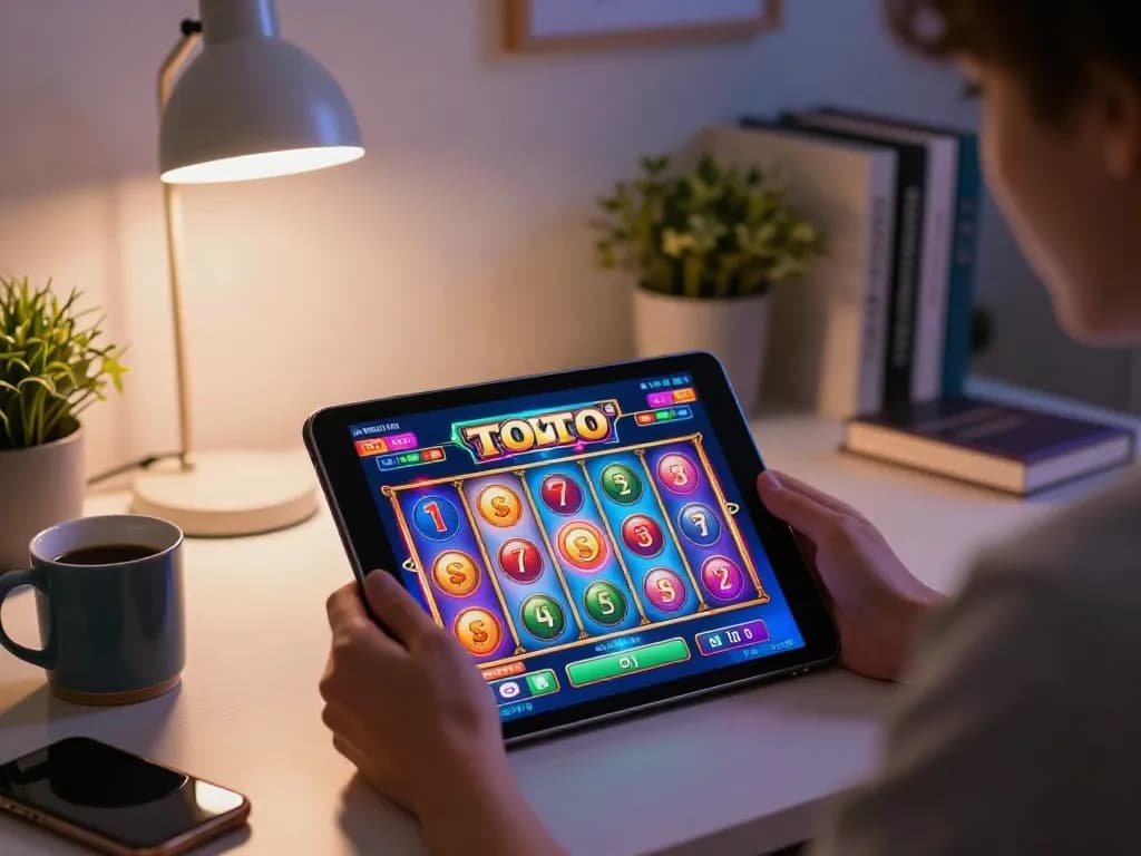 Player enjoying slot toto online gaming on a tablet in a cozy home setting