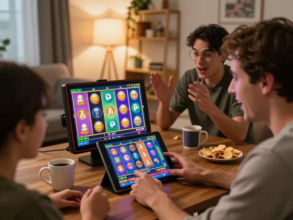 Engaging in online slot gaming at home with colorful reels and jackpot excitement.