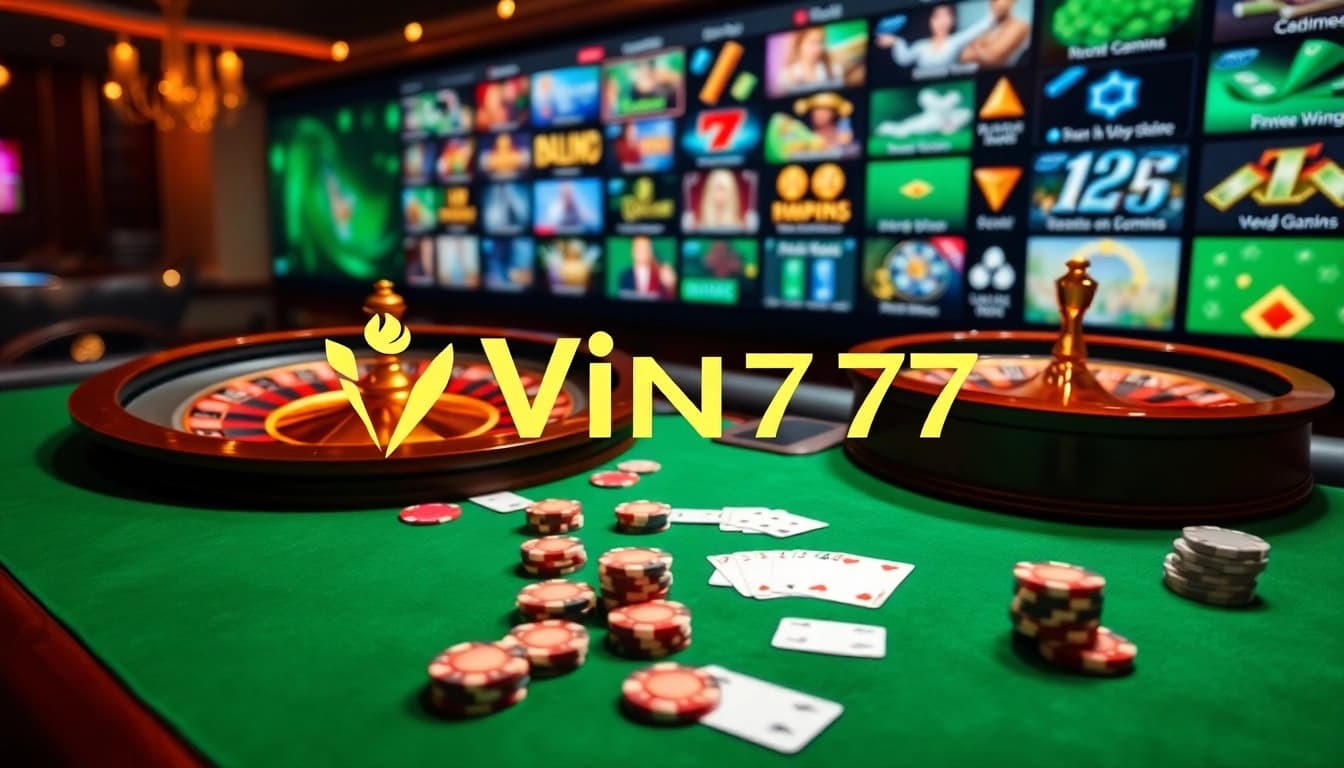 Vin777 casino showcasing exciting games with poker chips and roulette wheel.