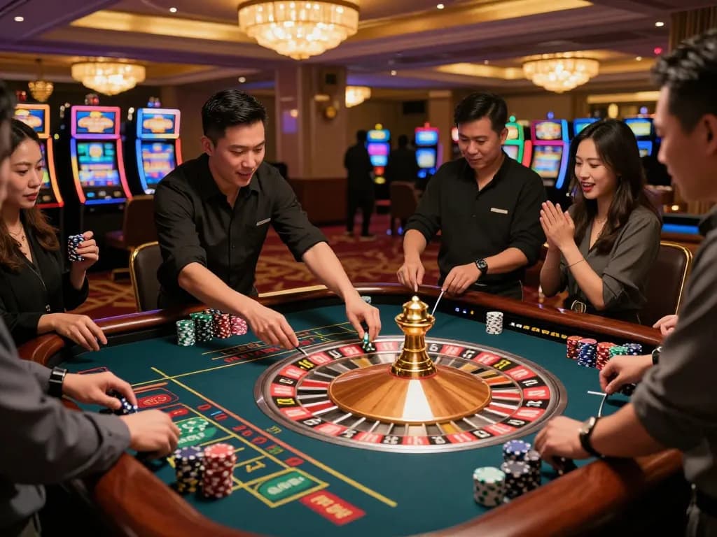 Penonton terlibat dalam taruhan strategis di meja roulette situs toto di kasino mewah.
