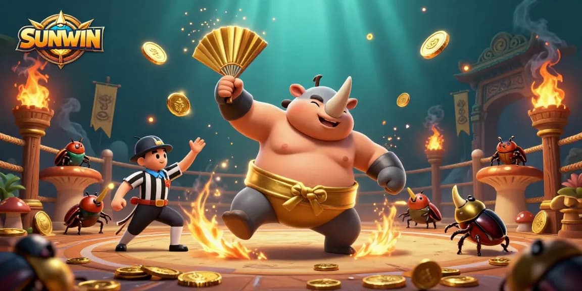 SUNWIN captures an epic casino showdown with a rhinoceros beetle champion, gold coins pouring as fans cheer.