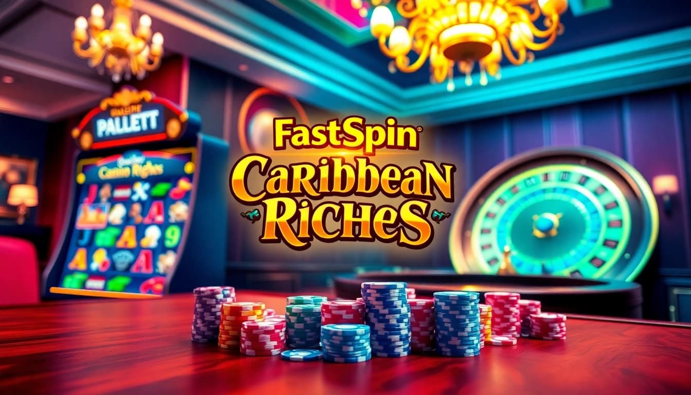 FastSpin Caribbean Riches โหลดเร็ว slot machine with vibrant pirate-themed graphics and casino ambiance.