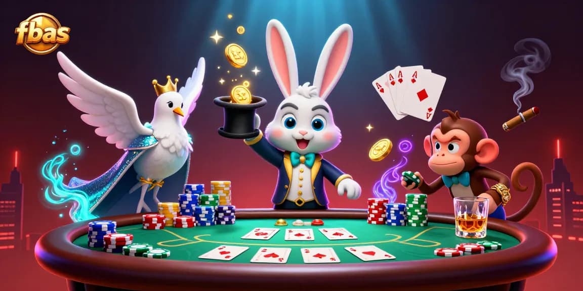 Engage with the enchanting fbas world, where a magician rabbit pulls coins amid a vibrant casino scene.