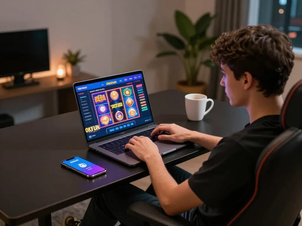 Engaging in online gambling at OKFUN, showcasing vibrant games and a cozy atmosphere