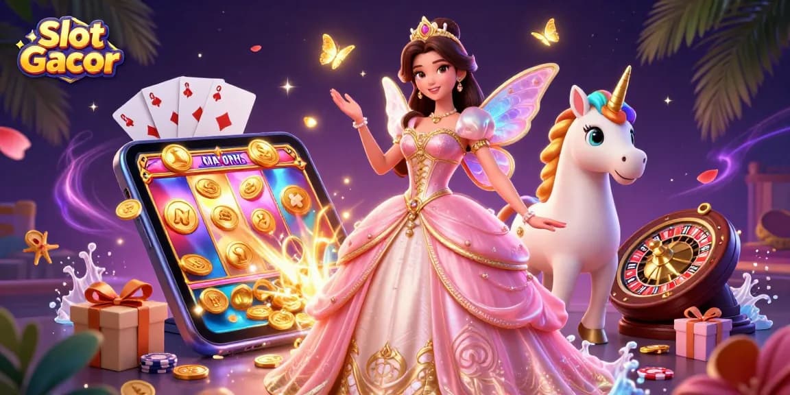Experience Slot Gacor with an enchanting scene featuring a glamorous character and vibrant gaming elements.