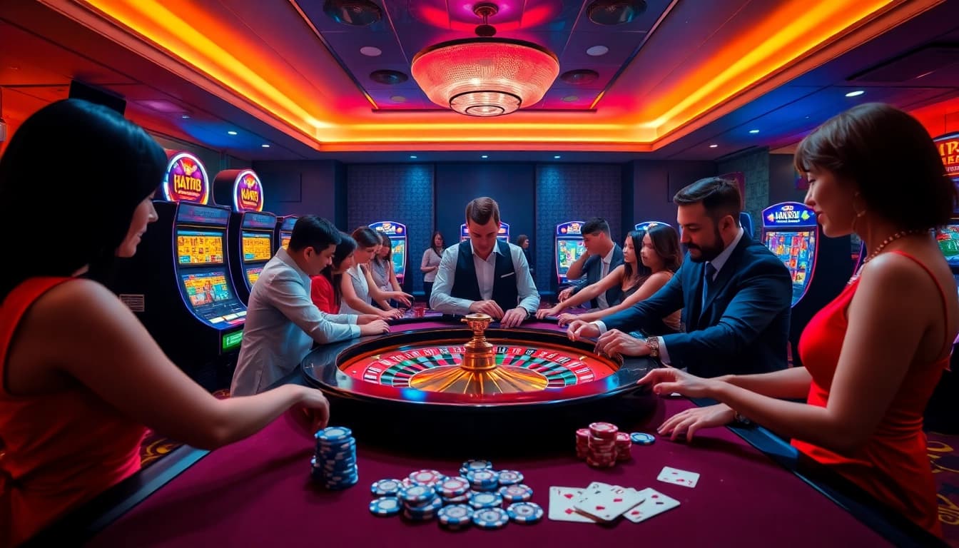 HAY88 players engaging at a lively roulette table in a vibrant casino scene