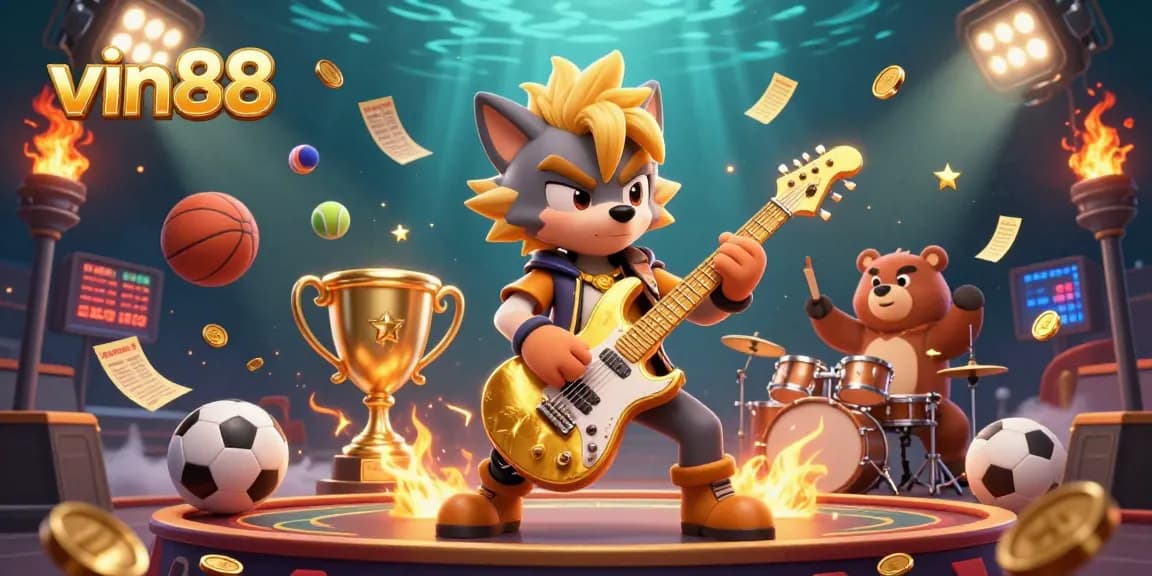 Bet big with vin88: dynamic 3D casino scene featuring rock star wolf and colorful sports betting themes.