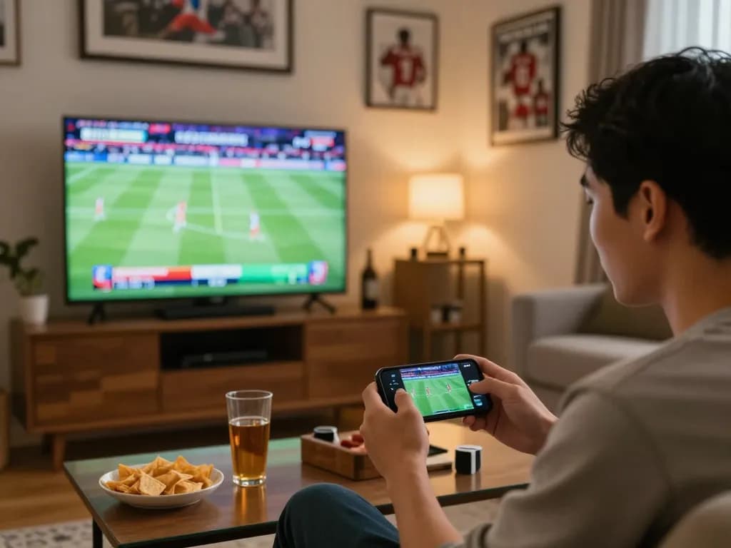 Placing bets on kèo nhà cái hôm nay while watching sports in a cozy living room.