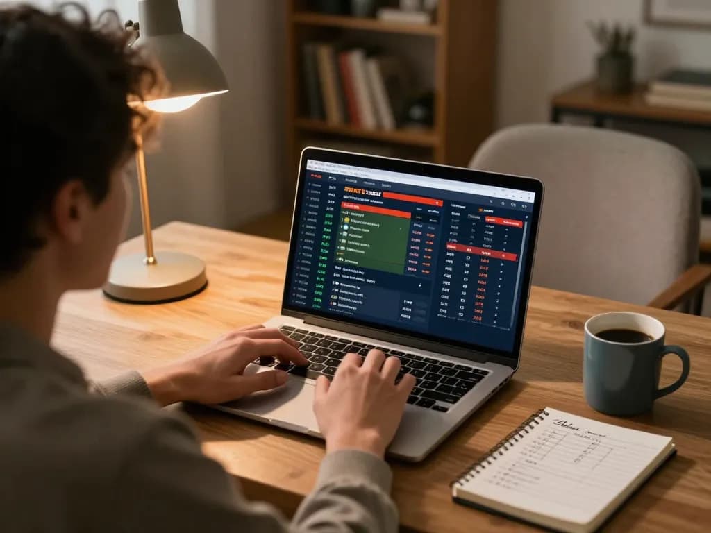 Person engaged in keo nha cai betting via laptop in a cozy home workspace