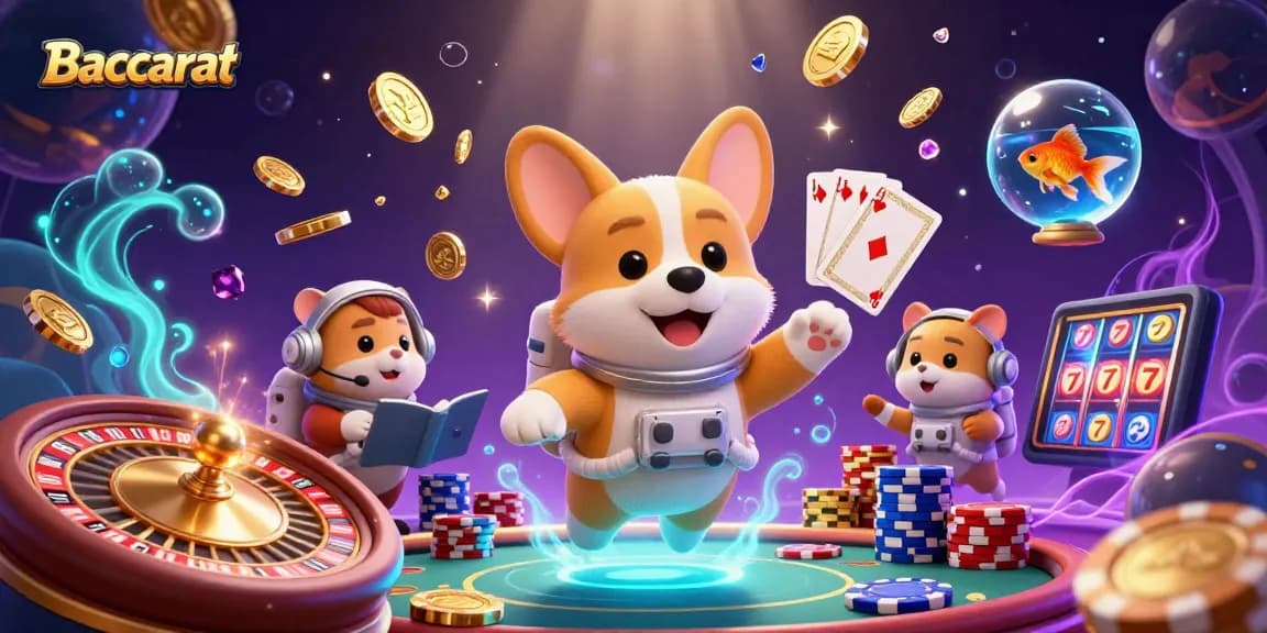 Baccarat game experience illustrated with cartoon characters in a vibrant space-themed casino scene, showcasing poker chips and coins.