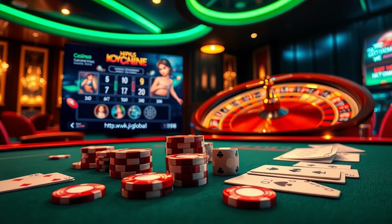 Experience the excitement of betting at https://www.kjc.global/ with a vibrant casino scene showcasing cards, chips, and a lively roulette wheel.