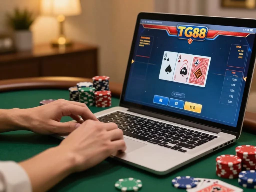 Tg88 online poker gameplay on a laptop with an engaging at-home atmosphere