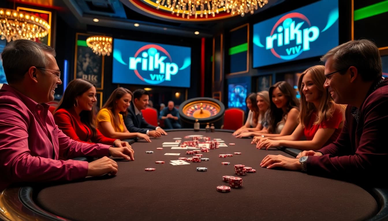 Players engaging in an exciting poker game at a luxury casino featuring rich textures and the rik vip logo.