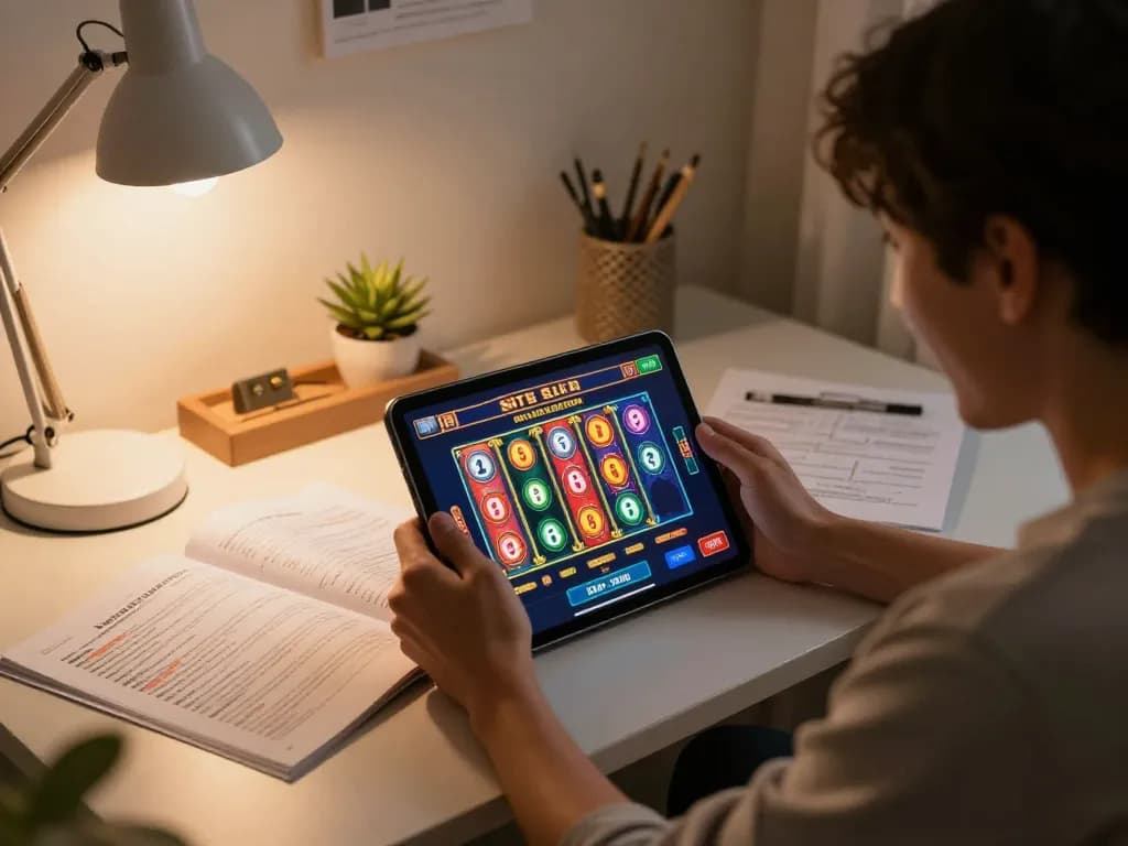Engaging online gaming session featuring situs slot gameplay on a tablet in a cozy home office
