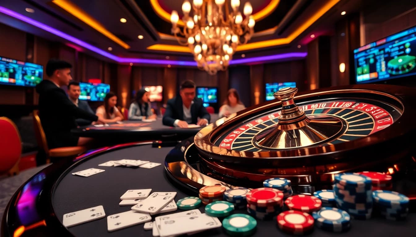Experience thrilling online gambling at https://bem88i.com/ with an appealing casino scene featuring poker chips and roulette.