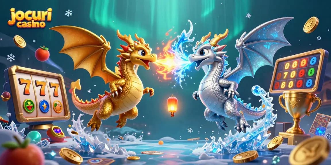 Joacă jocuri casino captivante cu dragoni cartoon și simboluri de păcănele în acțiune.