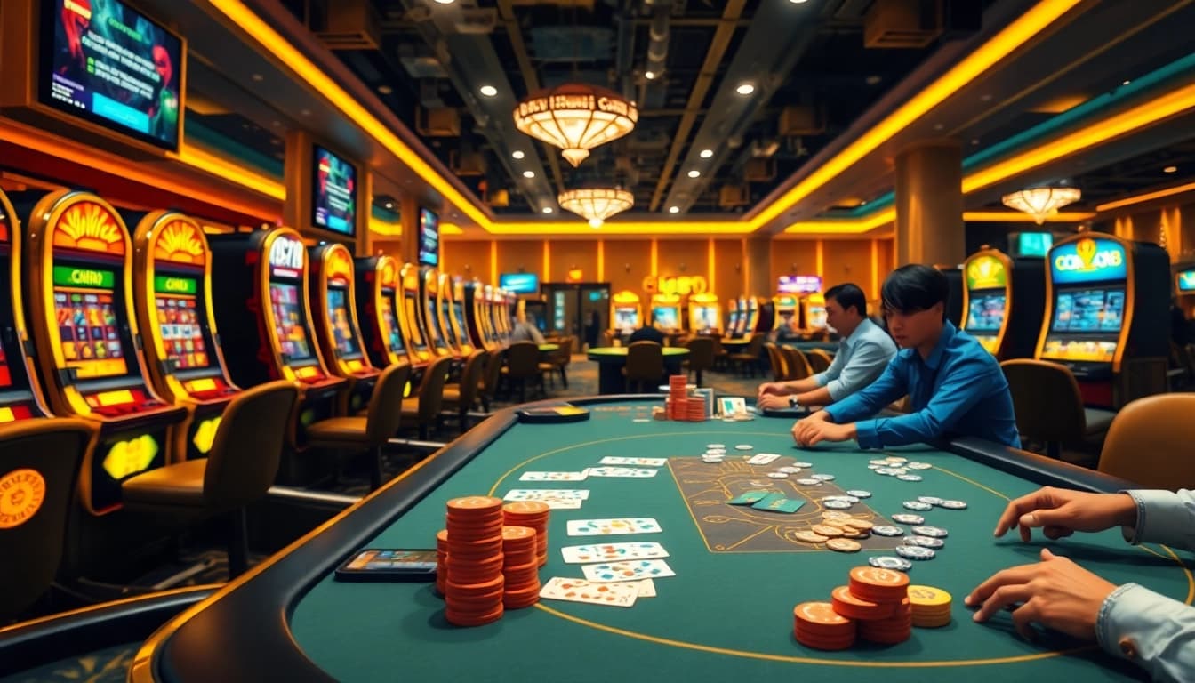 Players enjoying an exciting poker game at nhà cái m88, with vibrant casino elements in the background.