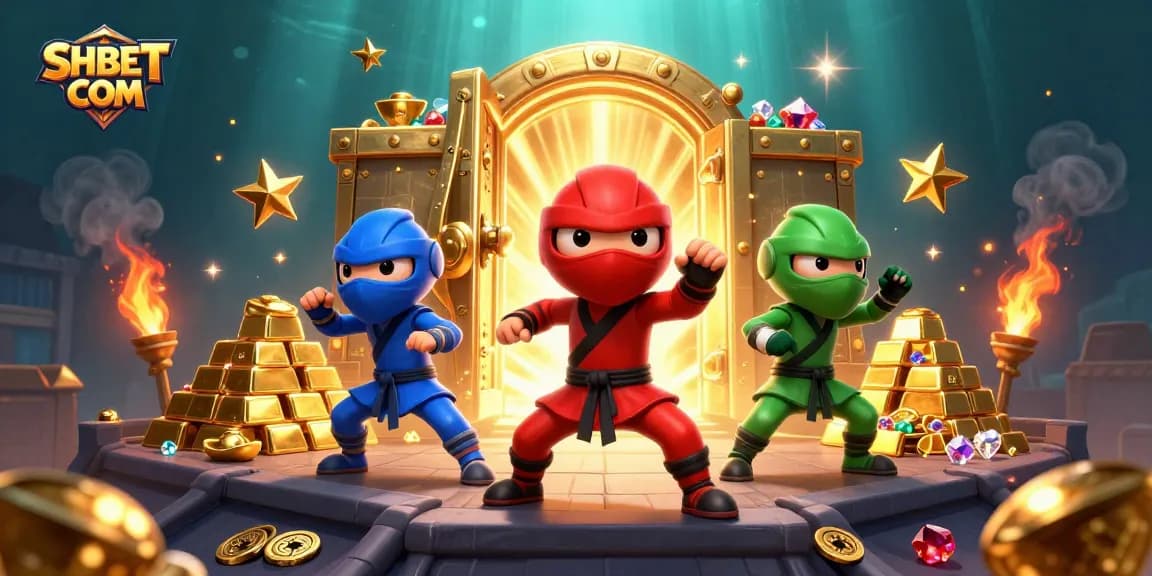 Win at SHBET COM with colorful ninja chameleons amidst treasure and gambling elements.