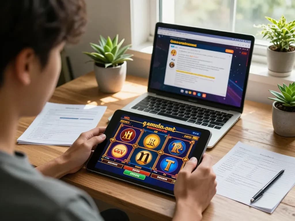 Engaging gameplay on a link gacor slot game displayed on a tablet, cozy atmosphere enhancing online gaming