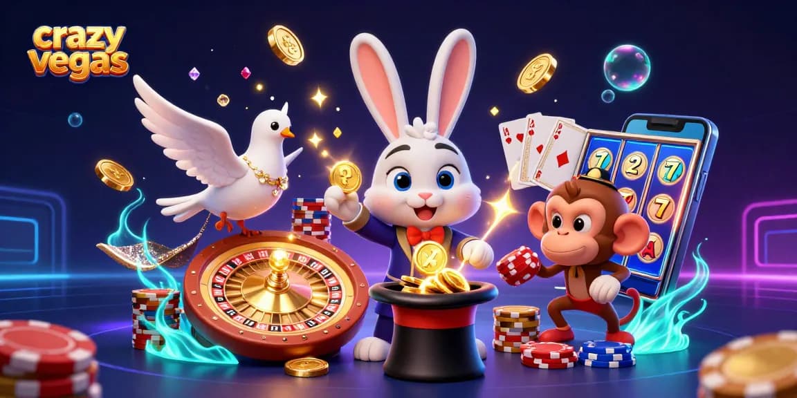 Experience excitement at crazyvegas with a magician rabbit pulling coins, vibrant casino elements, and dazzling graphics.