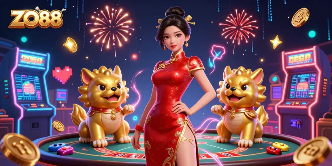 Bet on ZO88 with a glamorous Asian woman amidst vibrant casino games and glowing elements.