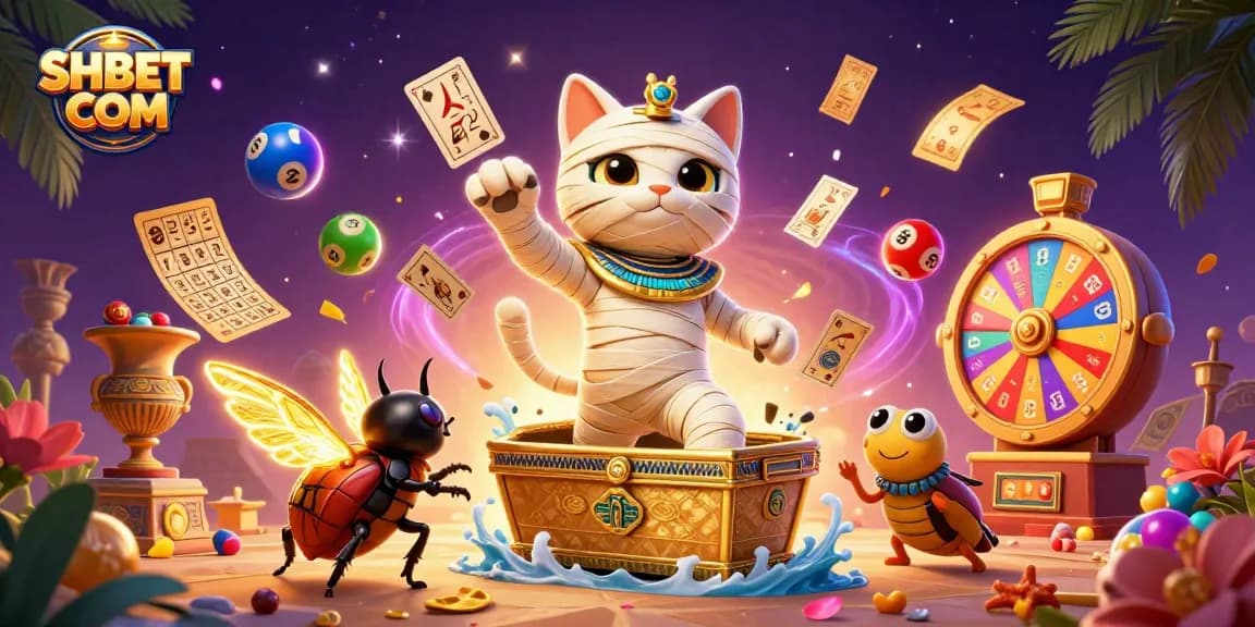 Engage with the vibrant SHBET COM casino scene featuring an Egyptian mummy cat, golden elements, and lottery action.