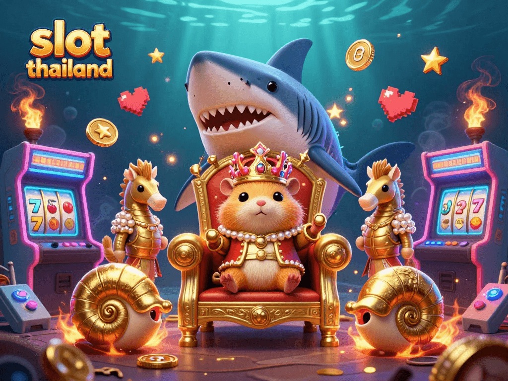 Engage with 'slot thailand' at this vibrant 3D scene featuring a hamster king and gaming elements.