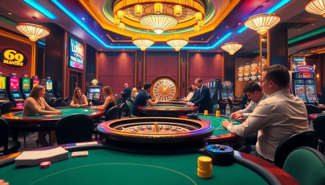 Experience the excitement at Winstrike69 with players enjoying thrilling casino games and vibrant slot machines.