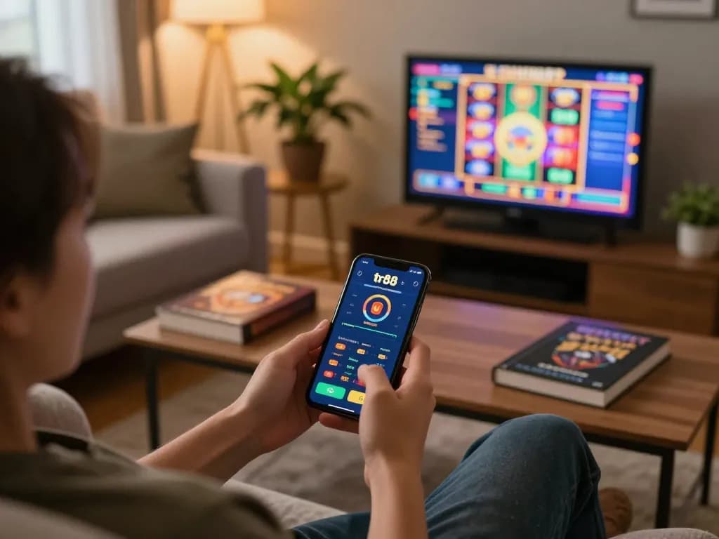 Player enjoying tr88 slots on mobile in a cozy living room with stylish decor.