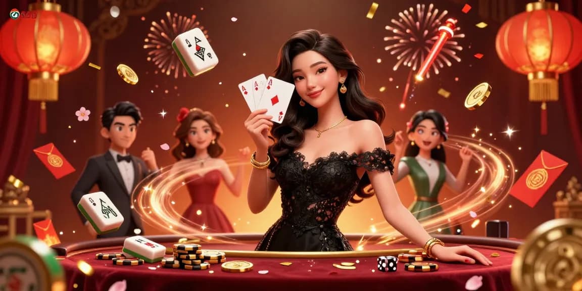 Engage with 66B's thrilling casino experience, showcasing a stylish woman holding ace playing cards amidst festive elements.