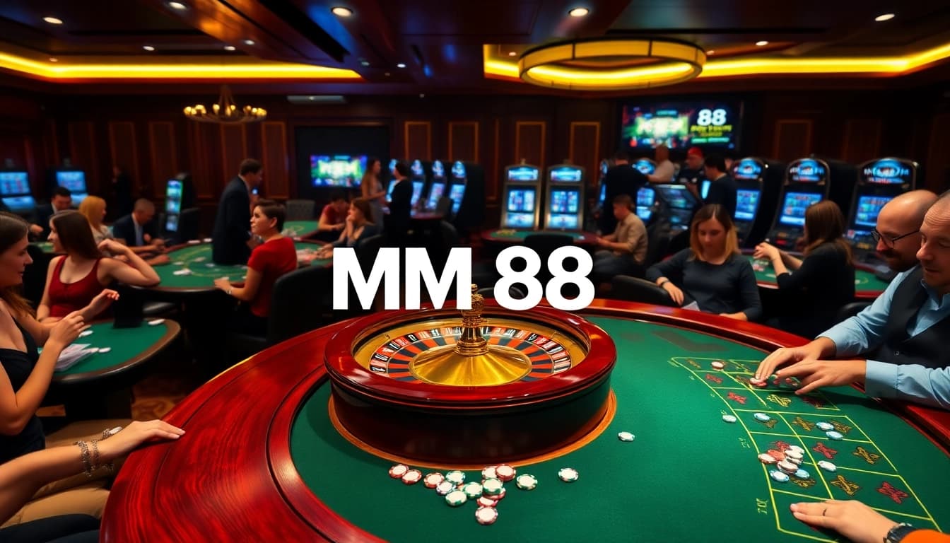 Engaged players enjoying a thrilling game at MM 88 casino, surrounded by vibrant casino atmosphere.