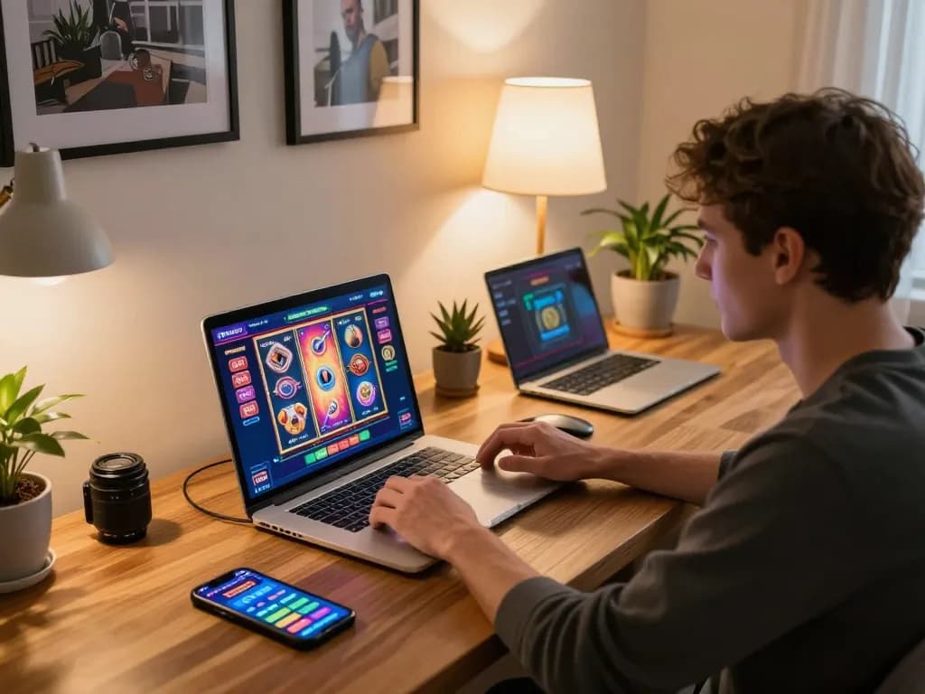 gbong player engaging in strategic online casino gaming at a stylish home workspace