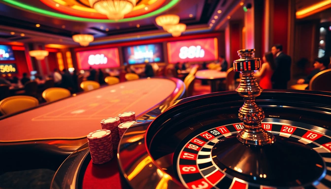 Engaging gamblers at a luxurious casino table featuring the link 88i prominently.