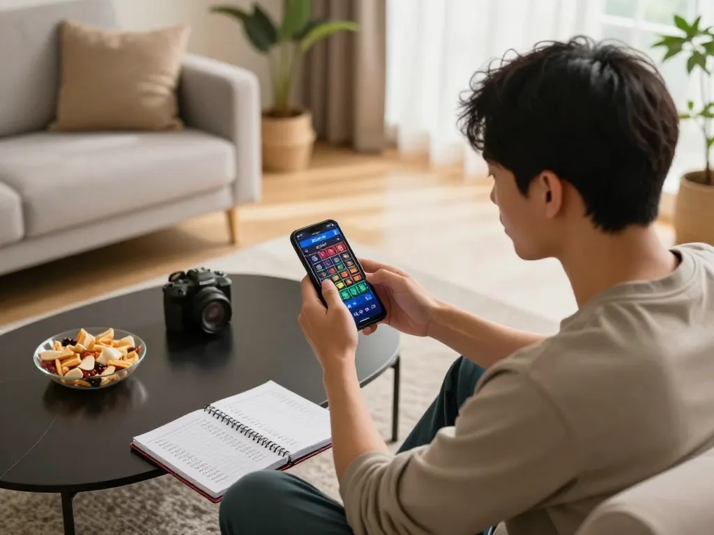 Engaging in đánh lô online through a mobile app in a cozy living room, highlighting strategy and entertainment.