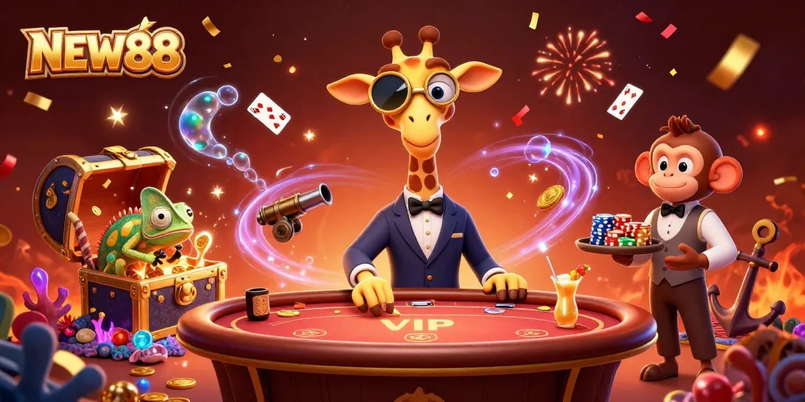Experience the excitement at NEW88 Casino with high-roller giraffe at a poker table surrounded by treasure.